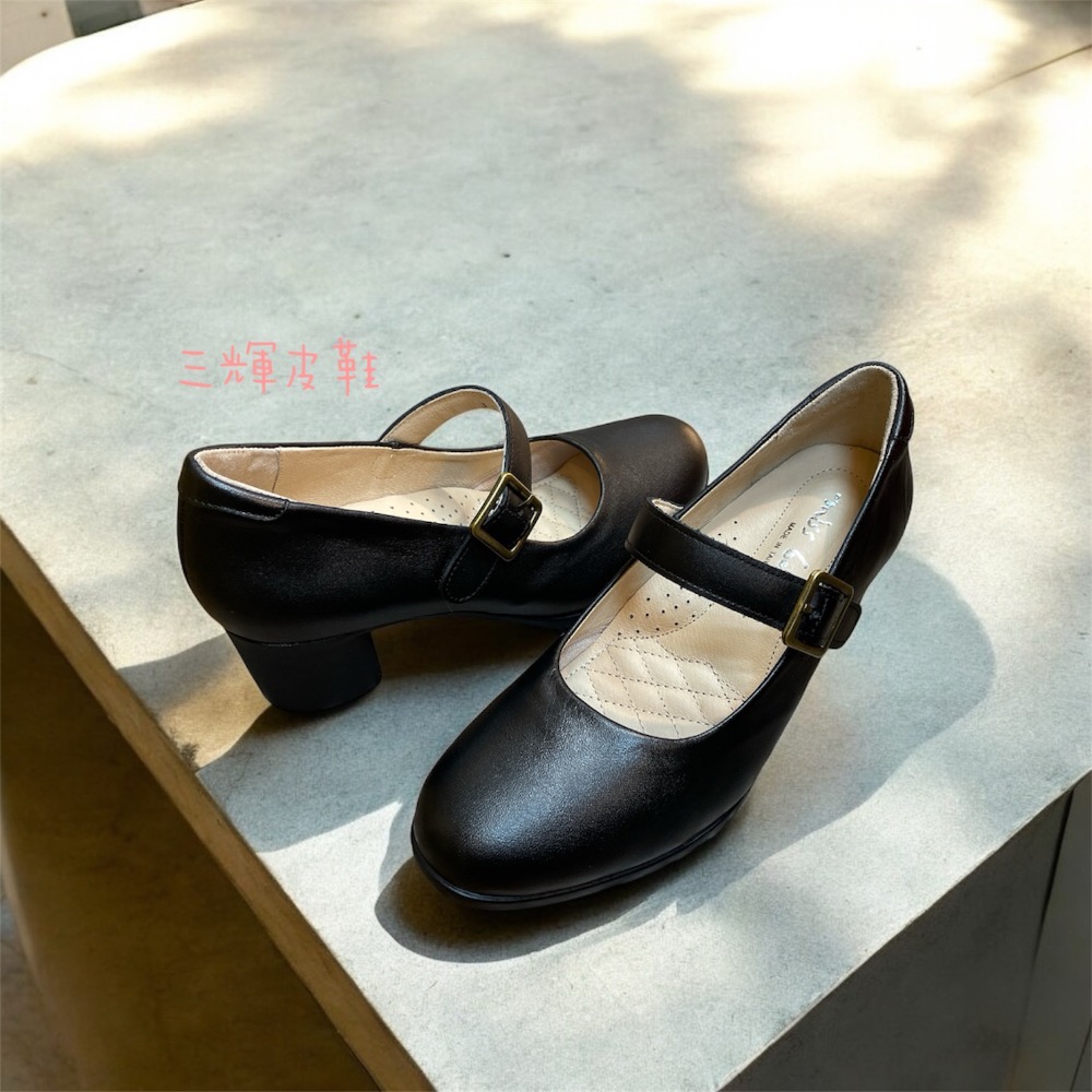 三輝皮鞋台灣製全真皮 不斷裂氧化大底 護趾海綿 羊皮圓頭魔鬼氈瑪莉珍素面雕花粗跟高跟鞋 窩心系列減壓寬楦中跟鞋mit-細節圖4