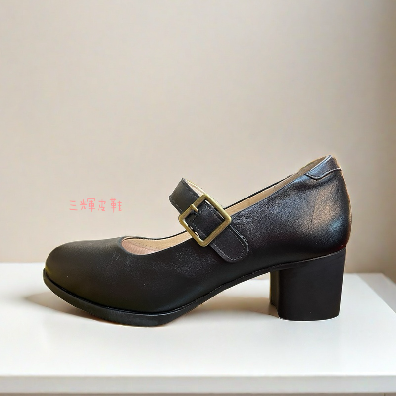 三輝皮鞋台灣製全真皮 不斷裂氧化大底 護趾海綿 羊皮圓頭魔鬼氈瑪莉珍素面雕花粗跟高跟鞋 窩心系列減壓寬楦中跟鞋mit-細節圖5