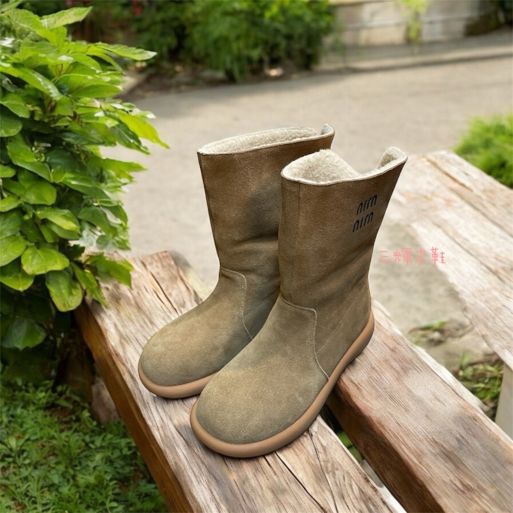 三輝皮鞋蝸牛Snail真皮雪靴 短靴 中筒靴 牛皮靴 平底靴 雪地靴 2way羊毛羊絨麂皮刷毛羊羔毛兩穿反折保暖防滑女靴-細節圖4
