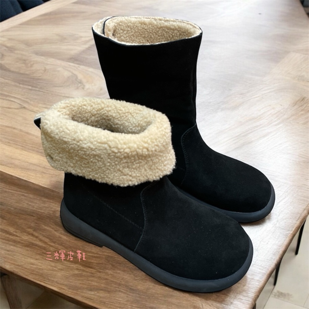 三輝皮鞋蝸牛Snail真皮雪靴 短靴 中筒靴 牛皮靴 平底靴 雪地靴 2way羊毛羊絨麂皮刷毛羊羔毛兩穿反折保暖防滑女靴-細節圖7