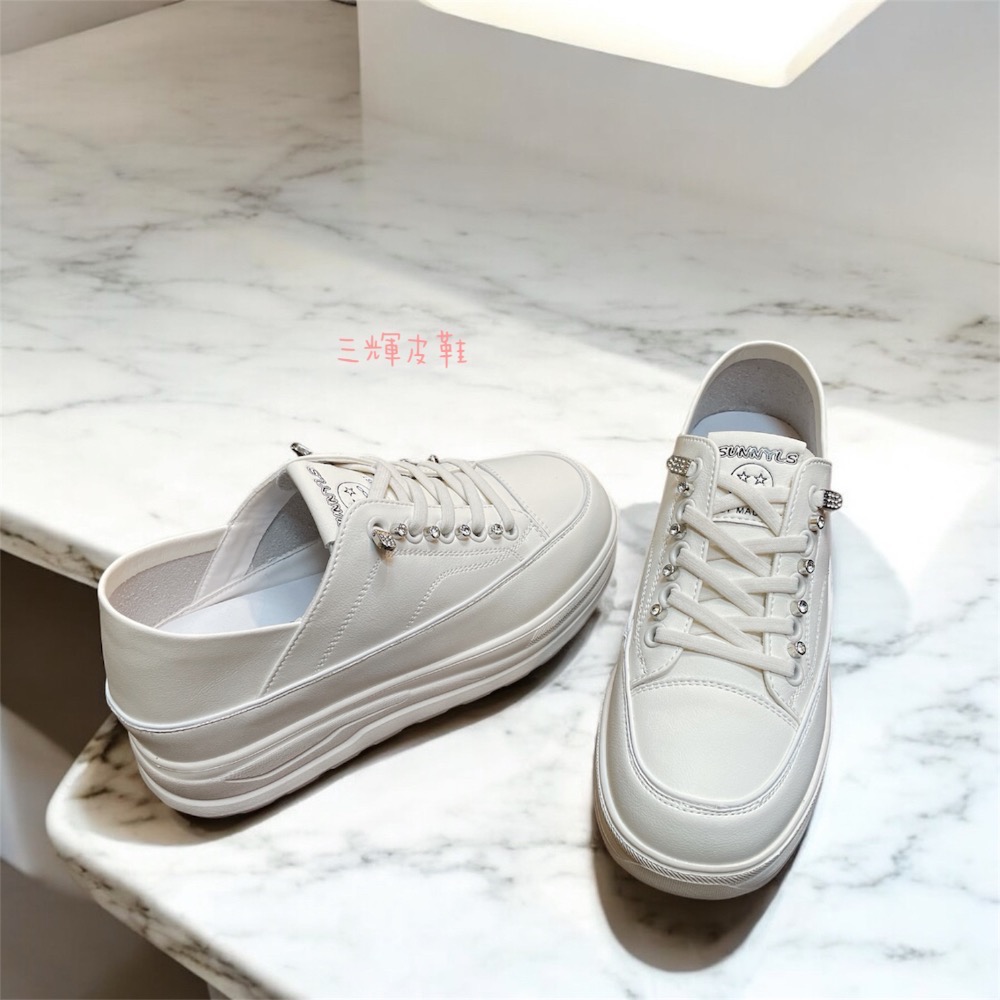 三輝皮鞋正韓製全真皮 牛皮免綁帶超輕量可後踩2way兩穿增高厚底小白鞋休閒鞋鬆糕鞋滑板鞋懶人鞋餅乾鞋半拖鞋穆勒鞋包頭拖鞋-細節圖2