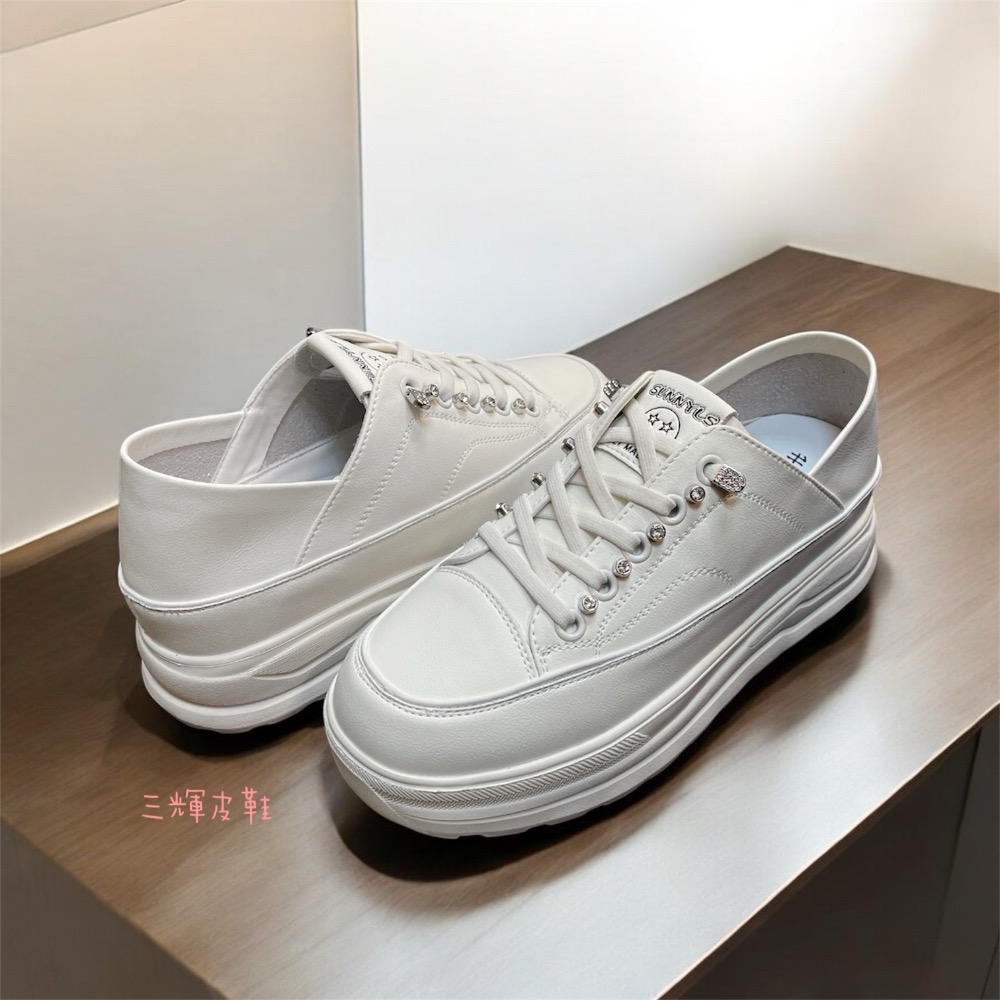 三輝皮鞋正韓製全真皮 牛皮免綁帶超輕量可後踩2way兩穿增高厚底小白鞋休閒鞋鬆糕鞋滑板鞋懶人鞋餅乾鞋半拖鞋穆勒鞋包頭拖鞋-細節圖4