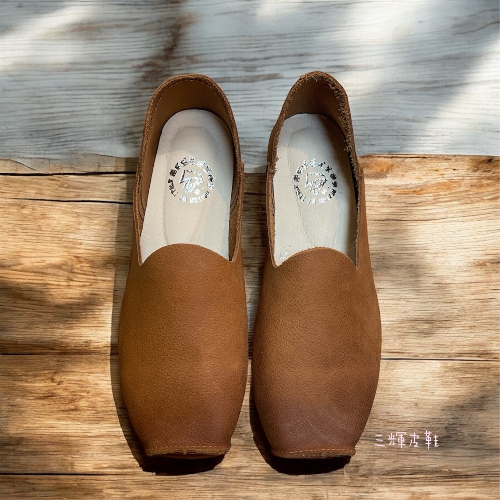 三輝皮鞋台灣製全真皮 極軟牛皮方頭森女文藝深口軟底手作平底鞋 巴恩風文青手工通勤鞋 復古植鞣染懶人鞋豆豆鞋休閒鞋奶奶鞋樂-細節圖2