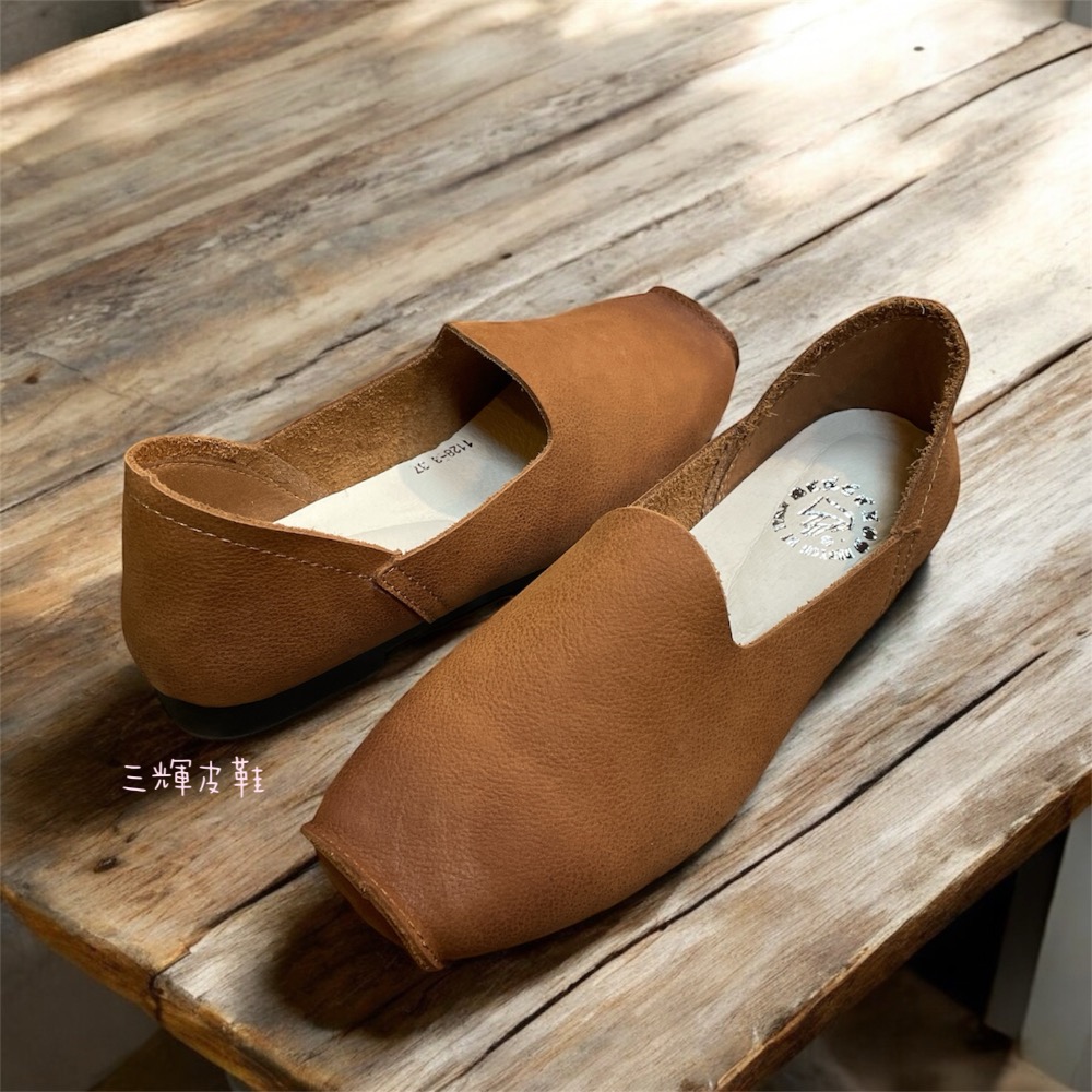 三輝皮鞋台灣製全真皮 極軟牛皮方頭森女文藝深口軟底手作平底鞋 巴恩風文青手工通勤鞋 復古植鞣染懶人鞋豆豆鞋休閒鞋奶奶鞋樂-細節圖3