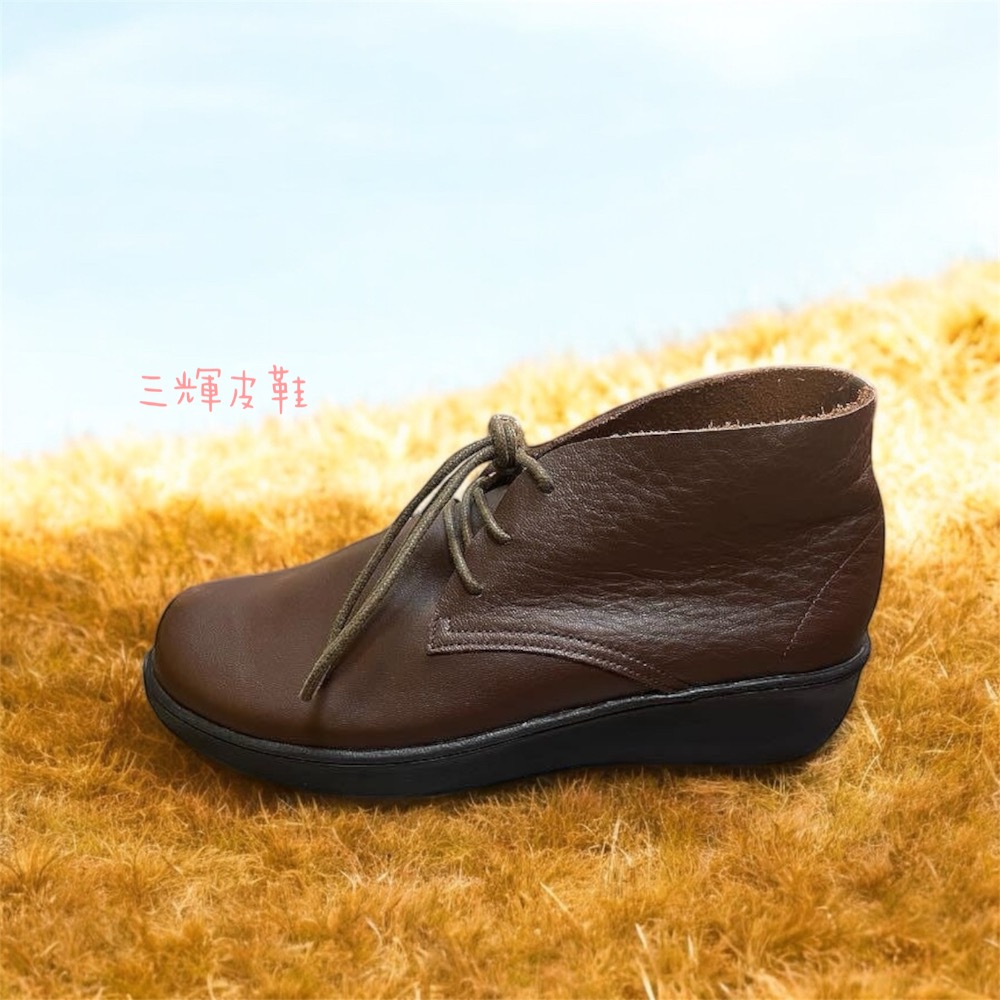 三輝皮鞋台灣製全真皮 小牛皮厚底短靴 植鞣染平底踝靴，Miss Babala三孔高幫鞋復古文青文創森林系原皮小腳34大碼-細節圖2