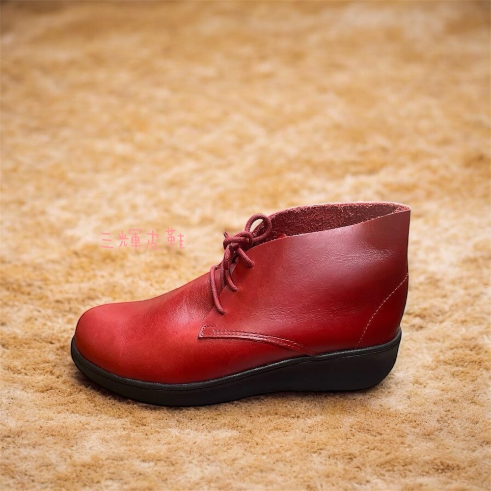 三輝皮鞋台灣製全真皮 小牛皮厚底短靴 植鞣染平底踝靴，Miss Babala三孔高幫鞋復古文青文創森林系原皮小腳34大碼-細節圖4