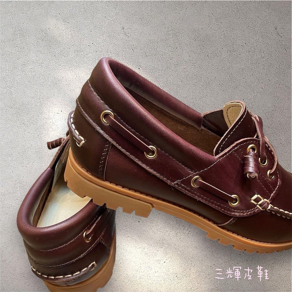 三輝皮鞋台灣製全真皮 牛皮免綁帶鞋底縫製經典雷根鞋 輕量化油蠟縫線款軟底休閒鞋帆船鞋 深咖啡/焦糖棕 現貨加預購MIT-細節圖4