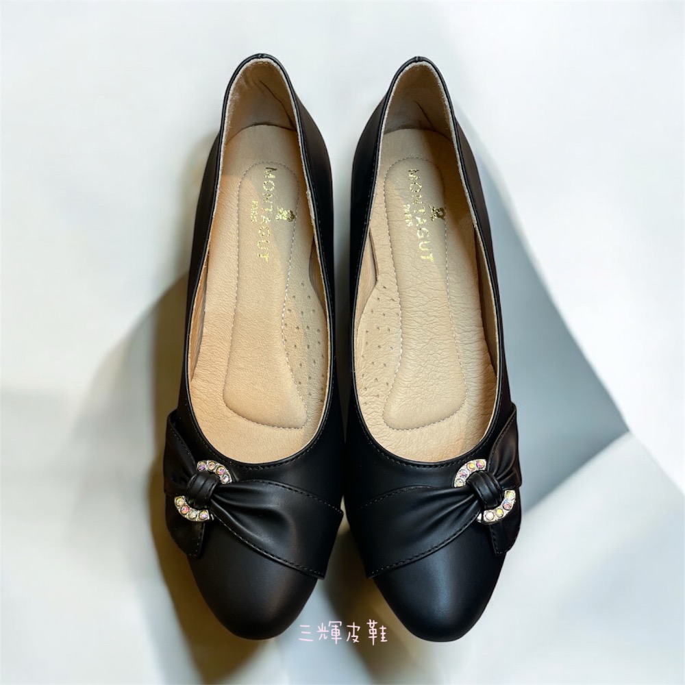 三輝皮鞋法國MONTAGUT真皮水鑽扭結尖頭細跟高跟鞋 透氣足弓支撐氣質款中跟鞋上班鞋 百貨專櫃夢特嬌台灣製造正品MIT-細節圖2