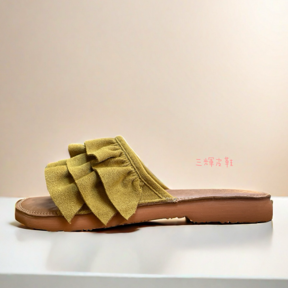 三輝皮鞋全真皮 牛皮荷葉邊Q彈軟底平底拖鞋 蛋糕裙乳膠鞋墊防滑生膠底牛筋底沙灘涼拖一字拖 現貨 韓國日系連線可愛氣質千金-細節圖3