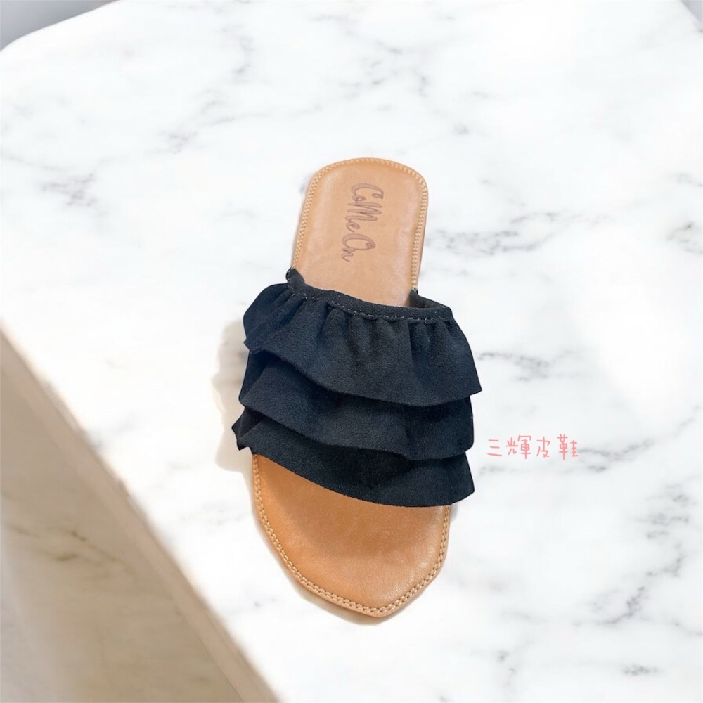 三輝皮鞋全真皮 牛皮荷葉邊Q彈軟底平底拖鞋 蛋糕裙乳膠鞋墊防滑生膠底牛筋底沙灘涼拖一字拖 現貨 韓國日系連線可愛氣質千金-細節圖4