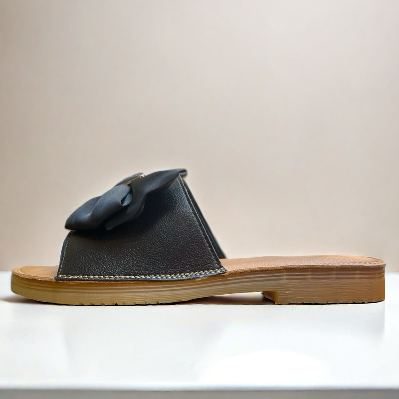 三輝皮鞋全真皮 牛皮蝴蝶結Q彈軟底平底拖鞋 緞帶乳膠鞋墊防滑生膠底牛筋底沙灘涼拖一字拖 現貨 韓國日系連線可愛miu家千-細節圖4