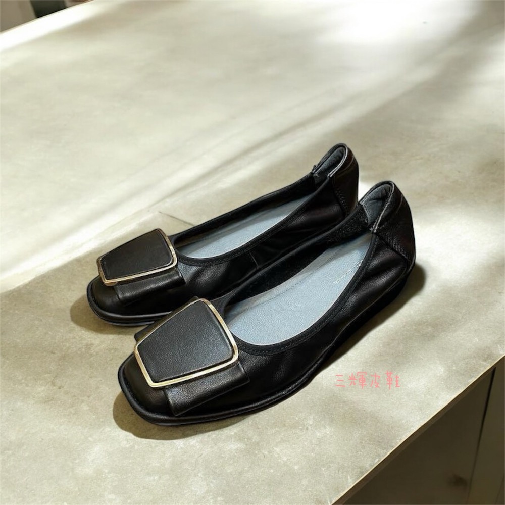 三輝皮鞋台灣製真皮娃娃鞋 平底鞋 羊皮女鞋 拇指外翻鞋 方頭金屬方扣軟皮軟底懶人鞋逛街通勤鞋一腳蹬-細節圖2