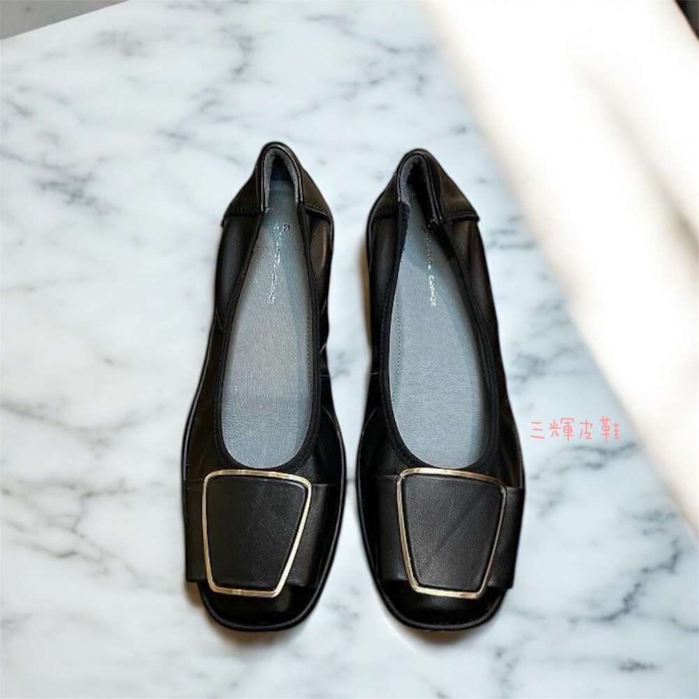 三輝皮鞋台灣製全真皮 超柔軟羊皮金屬方釦方頭平底鞋 娃娃鞋 寬楦拇指外翻輕便鞋懶人鞋一腳蹬，綠色/黑色 現貨MIT-細節圖3