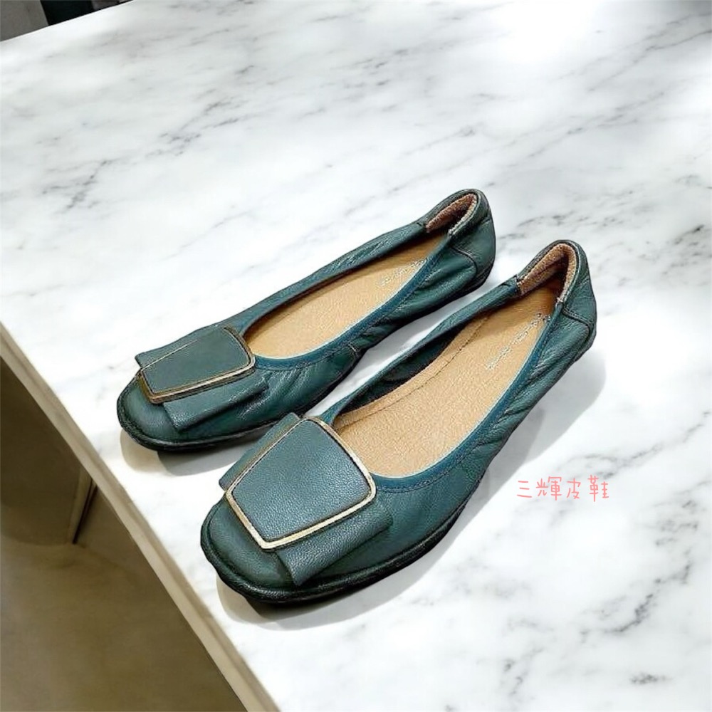 三輝皮鞋台灣製全真皮 超柔軟羊皮金屬方釦方頭平底鞋 娃娃鞋 寬楦拇指外翻輕便鞋懶人鞋一腳蹬，綠色/黑色 現貨MIT-細節圖5