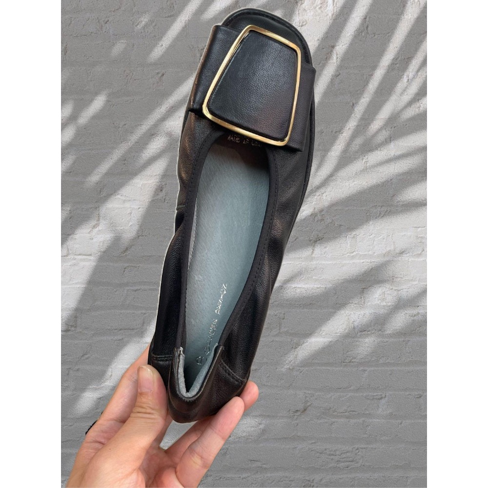 三輝皮鞋台灣製全真皮 超柔軟羊皮金屬方釦方頭平底鞋 娃娃鞋 寬楦拇指外翻輕便鞋懶人鞋一腳蹬，綠色/黑色 現貨MIT-規格圖10