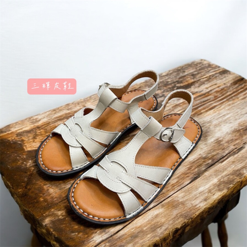 三輝皮鞋台灣製全真皮 女牛皮T字編織鞋底縫製魔鬼氈平底涼鞋 老師傅手工鞋 真皮乳膠鞋墊鞋底縫線 現貨加預購MIT-細節圖2