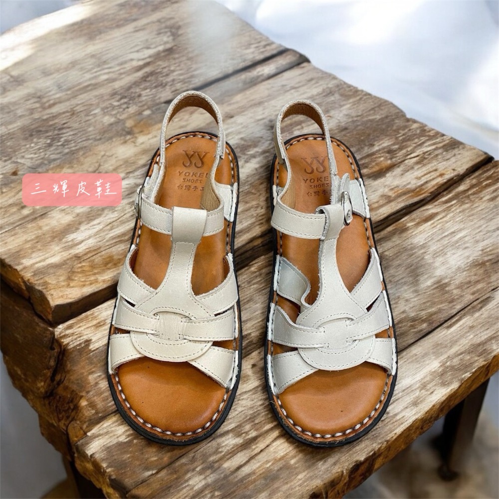 三輝皮鞋台灣製全真皮 女牛皮T字編織鞋底縫製魔鬼氈平底涼鞋 老師傅手工鞋 真皮乳膠鞋墊鞋底縫線 現貨加預購MIT-細節圖3