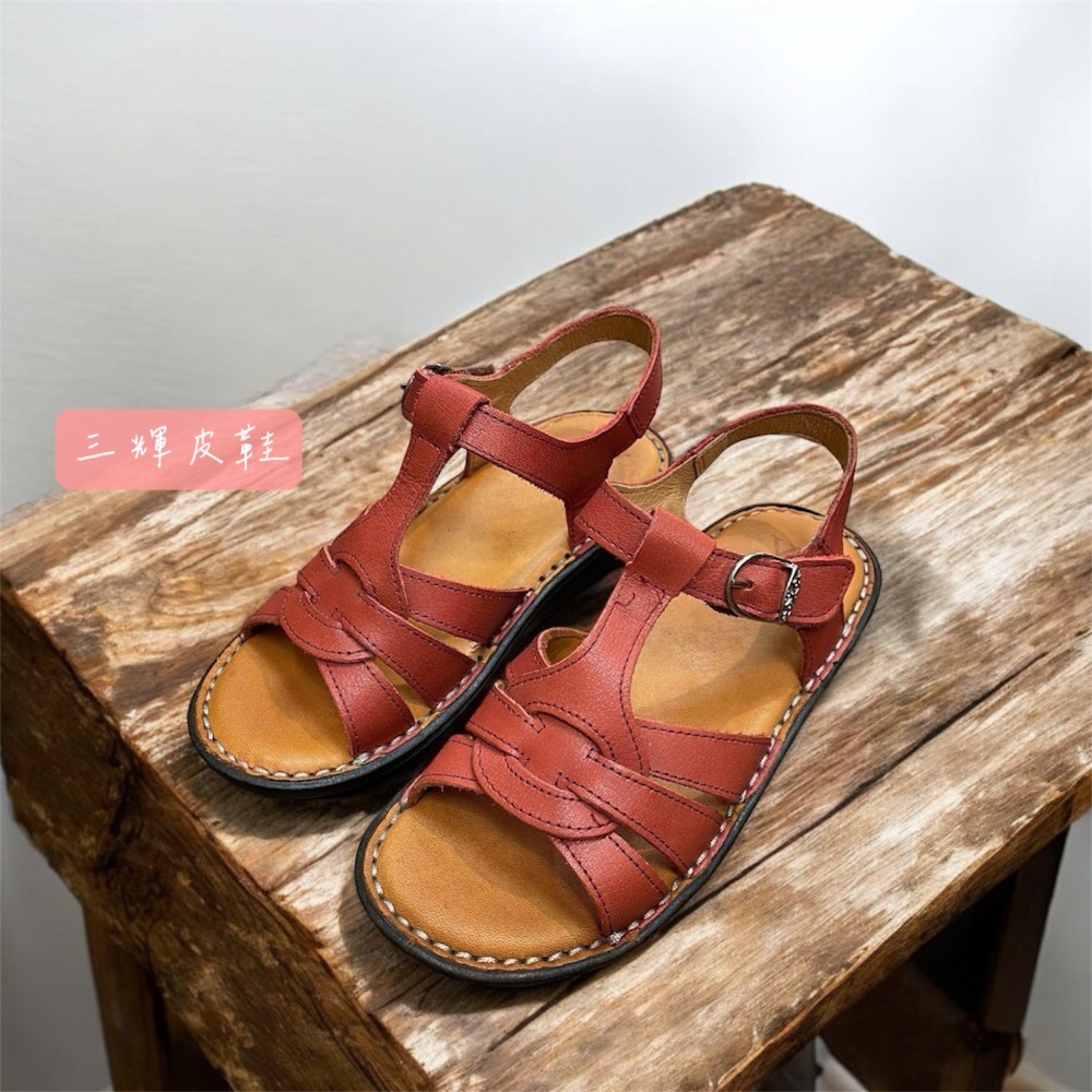 三輝皮鞋台灣製全真皮 女牛皮T字編織鞋底縫製魔鬼氈平底涼鞋 老師傅手工鞋 真皮乳膠鞋墊鞋底縫線 現貨加預購MIT-細節圖6