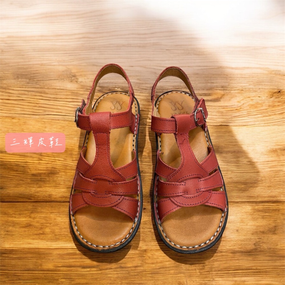 三輝皮鞋台灣製全真皮 女牛皮T字編織鞋底縫製魔鬼氈平底涼鞋 老師傅手工鞋 真皮乳膠鞋墊鞋底縫線 現貨加預購MIT-細節圖7