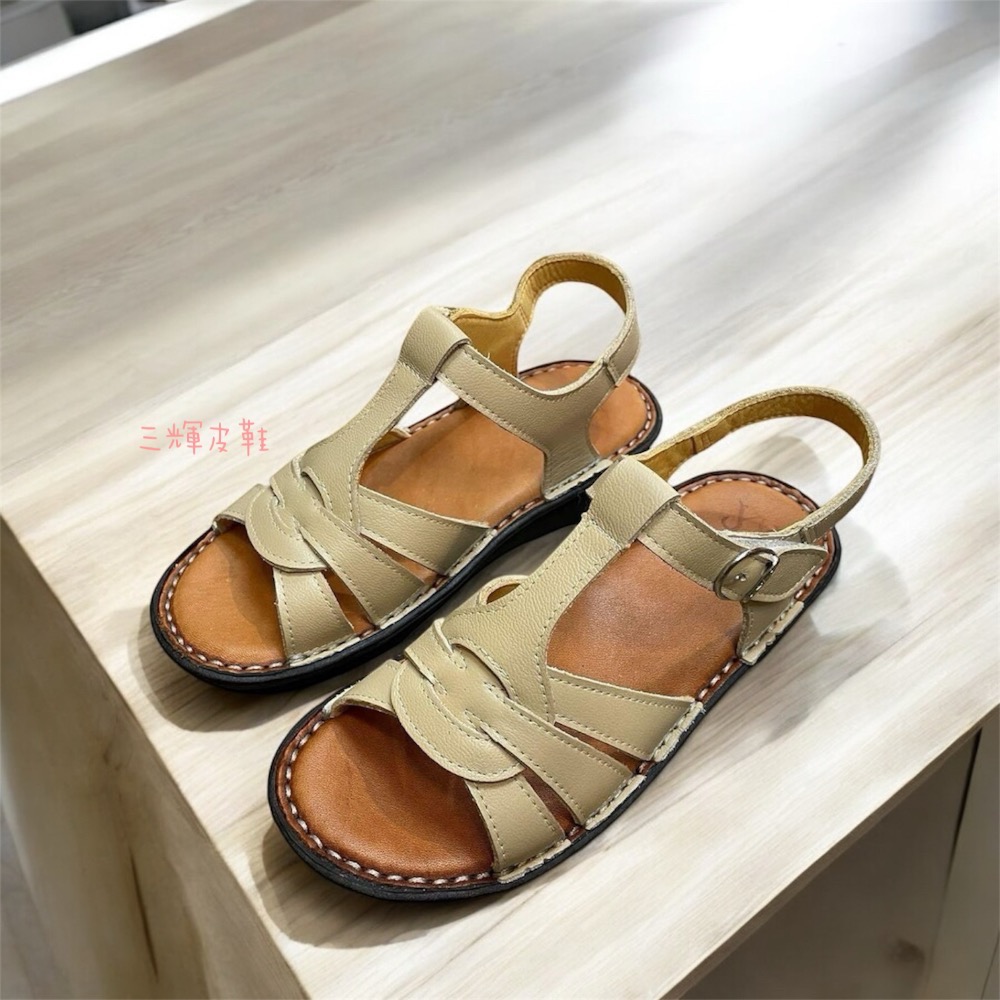 三輝皮鞋台灣製全真皮 女牛皮T字編織鞋底縫製魔鬼氈平底涼鞋 老師傅手工鞋 真皮乳膠鞋墊鞋底縫線 現貨加預購MIT-細節圖8