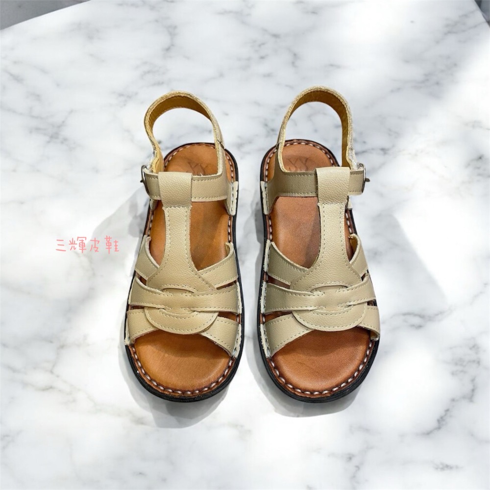 三輝皮鞋台灣製全真皮 女牛皮T字編織鞋底縫製魔鬼氈平底涼鞋 老師傅手工鞋 真皮乳膠鞋墊鞋底縫線 現貨加預購MIT-細節圖9