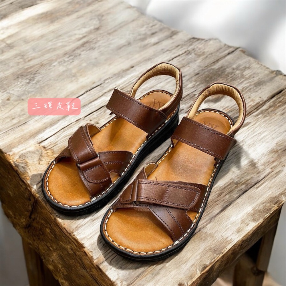 三輝皮鞋台灣製全真皮 女牛皮可調整魔鬼氈鞋底縫製平底涼鞋 老師傅手工鞋 乳膠鞋墊鞋底縫線交叉鞋面 寬楦拇指外翻 現貨加預-細節圖2