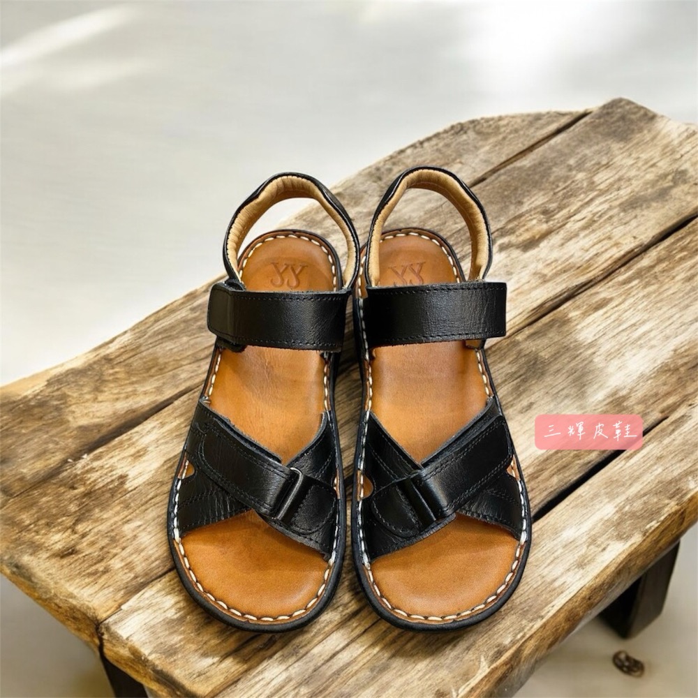 三輝皮鞋台灣製全真皮 女牛皮可調整魔鬼氈鞋底縫製平底涼鞋 老師傅手工鞋 乳膠鞋墊鞋底縫線交叉鞋面 寬楦拇指外翻 現貨加預-細節圖4