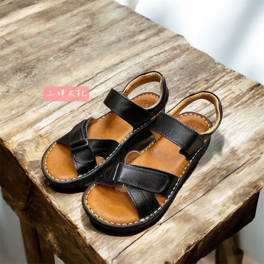 三輝皮鞋台灣製全真皮 女牛皮可調整魔鬼氈鞋底縫製平底涼鞋 老師傅手工鞋 乳膠鞋墊鞋底縫線交叉鞋面 寬楦拇指外翻 現貨加預-細節圖5