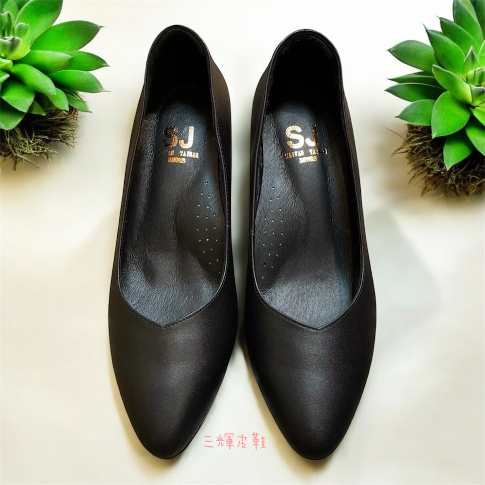 三輝皮鞋台灣製全真皮 羊皮素面V口尖頭基本款中跟鞋 寬楦拇指外翻適用 20~27可訂製款現貨加預購MIT訂做上班鞋性感高-細節圖2