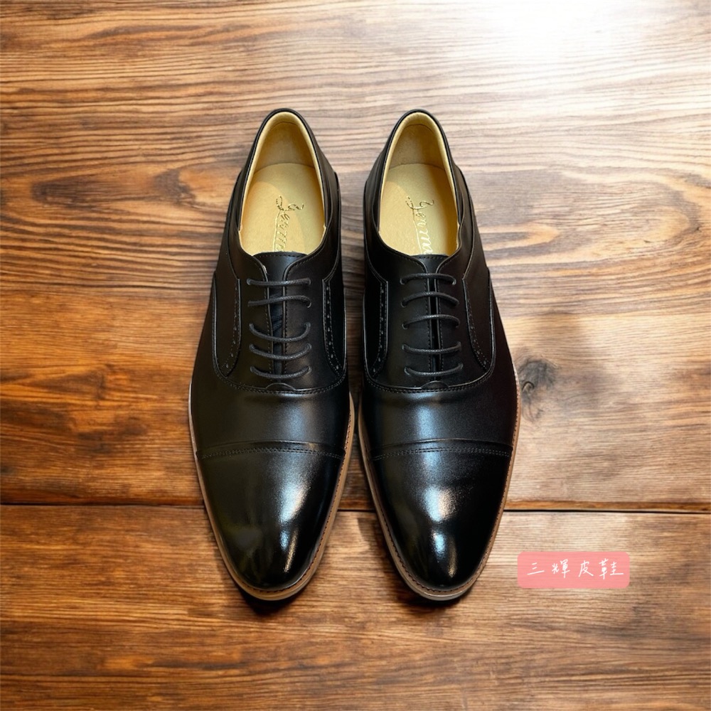 三輝皮鞋台灣製手工全真皮 牛皮英倫一字橫紋素面牛津鞋原木頭鞋底尼龍木跟 尖頭布洛克雕花三接頭德比綁帶男皮鞋 紳士商務上班-細節圖2