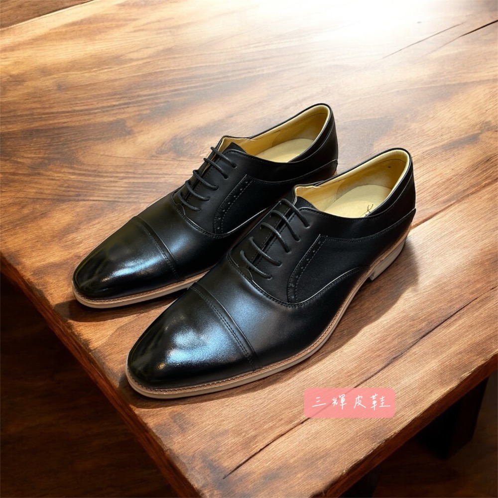 三輝皮鞋台灣製手工全真皮 牛皮英倫一字橫紋素面牛津鞋原木頭鞋底尼龍木跟 尖頭布洛克雕花三接頭德比綁帶男皮鞋 紳士商務上班-細節圖3