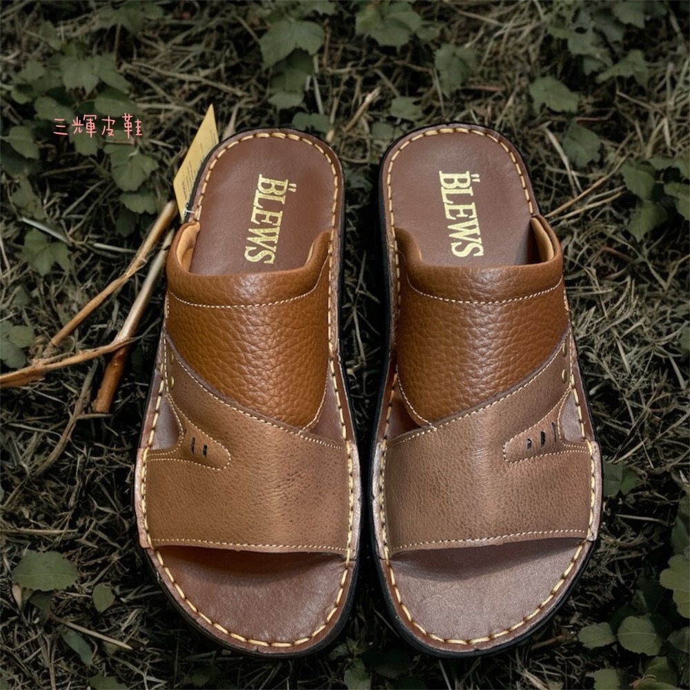 三輝皮鞋台灣製全真皮 牛皮拖鞋 老師傅手工鞋 鞋底縫製雙色拼接寬楦雙氣墊耐磨拖鞋 縫線款吸汗透氣室內室外防震乳膠涼拖鞋-細節圖2