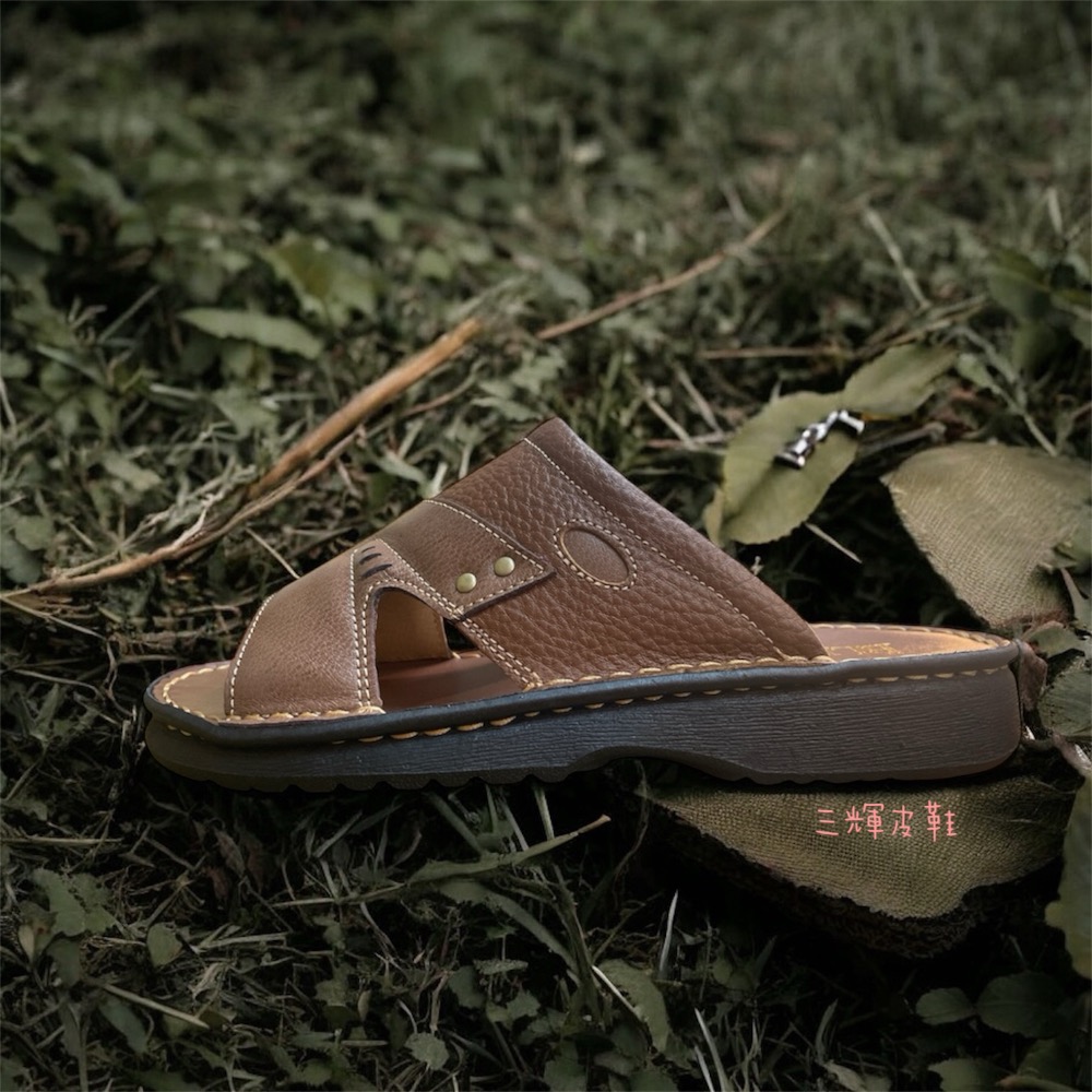 三輝皮鞋台灣製全真皮 牛皮拖鞋 老師傅手工鞋 鞋底縫製雙色拼接寬楦雙氣墊耐磨拖鞋 縫線款吸汗透氣室內室外防震乳膠涼拖鞋-細節圖3