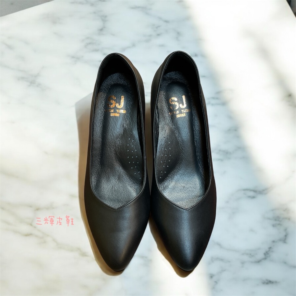 三輝皮鞋台灣製全真皮 羊皮素面V口尖頭基本款中跟鞋 木頭跟粗跟高跟鞋 寬楦拇指外翻適用 手工鞋訂製款訂做上班鞋人體工學久-細節圖2