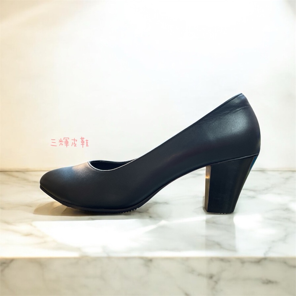 三輝皮鞋台灣製全真皮 羊皮素面V口尖頭基本款中跟鞋 木頭跟粗跟高跟鞋 寬楦拇指外翻適用 手工鞋訂製款訂做上班鞋人體工學久-細節圖3