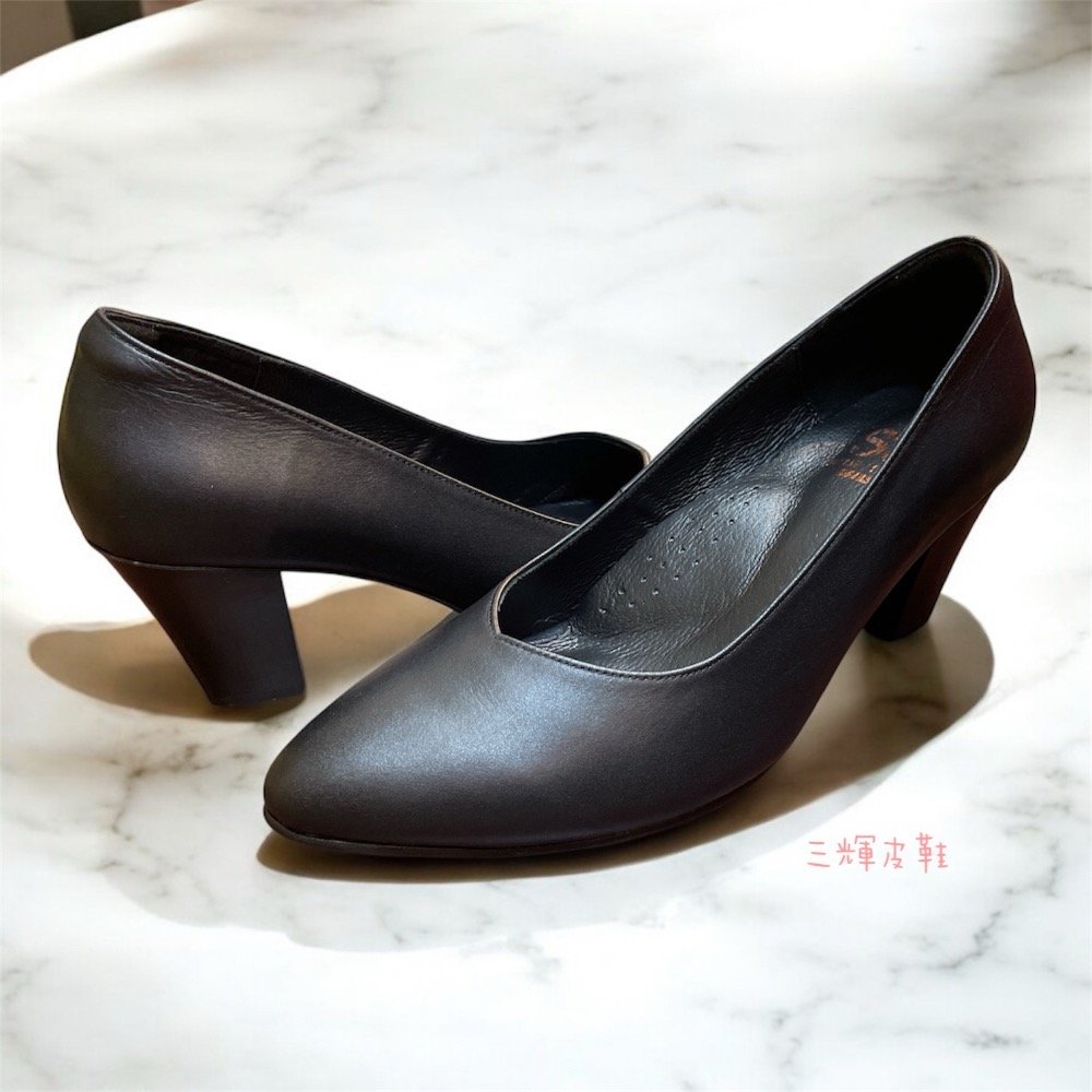 三輝皮鞋台灣製全真皮 羊皮素面V口尖頭基本款中跟鞋 木頭跟粗跟高跟鞋 寬楦拇指外翻適用 手工鞋訂製款訂做上班鞋人體工學久-細節圖4