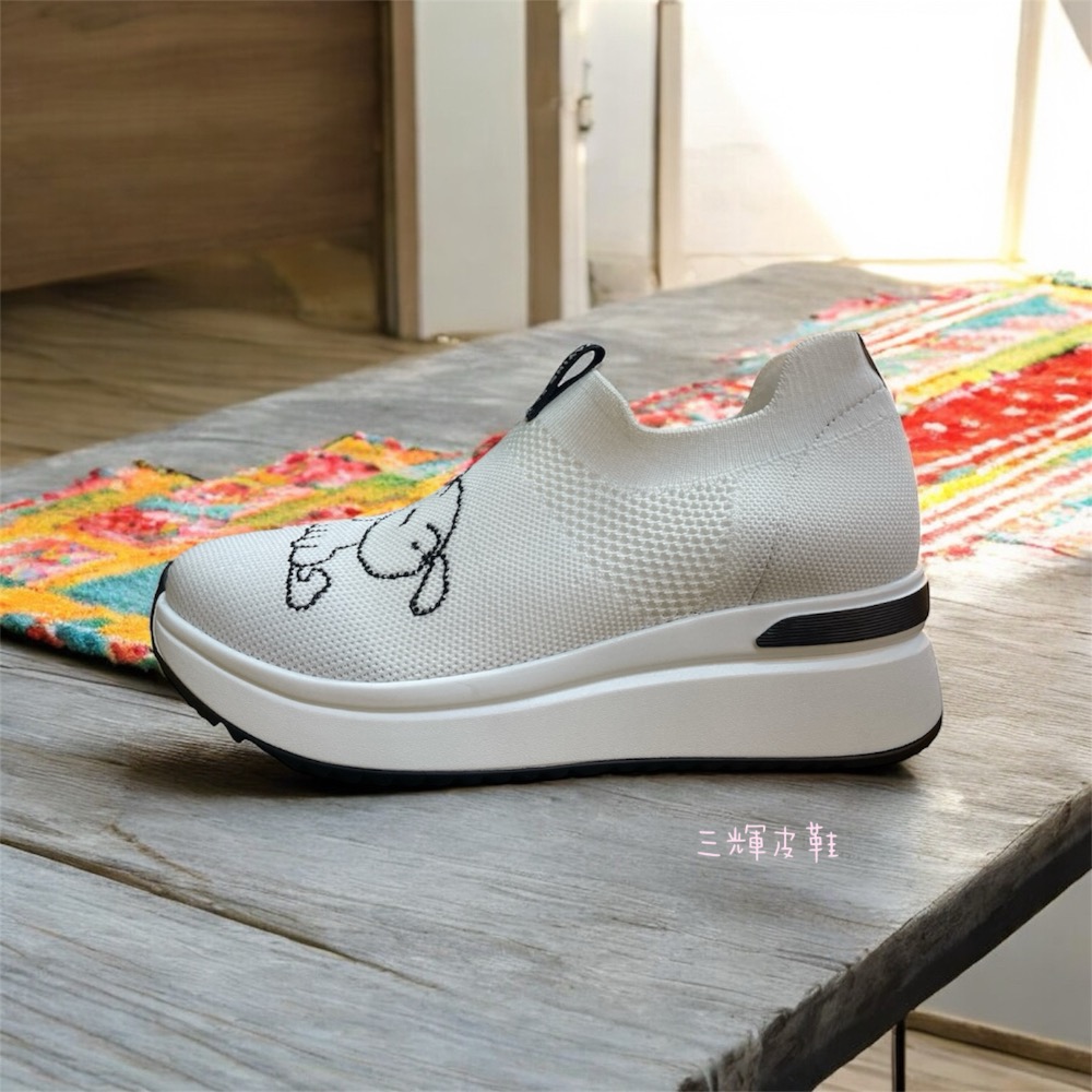 三輝皮鞋蠟筆小新小白 狗狗水鑽真皮內增高襪套式針織厚底休閒鞋 免綁帶超輕量透氣增高鞋彈性編織運動鞋 飛織網布懶人鞋-細節圖4