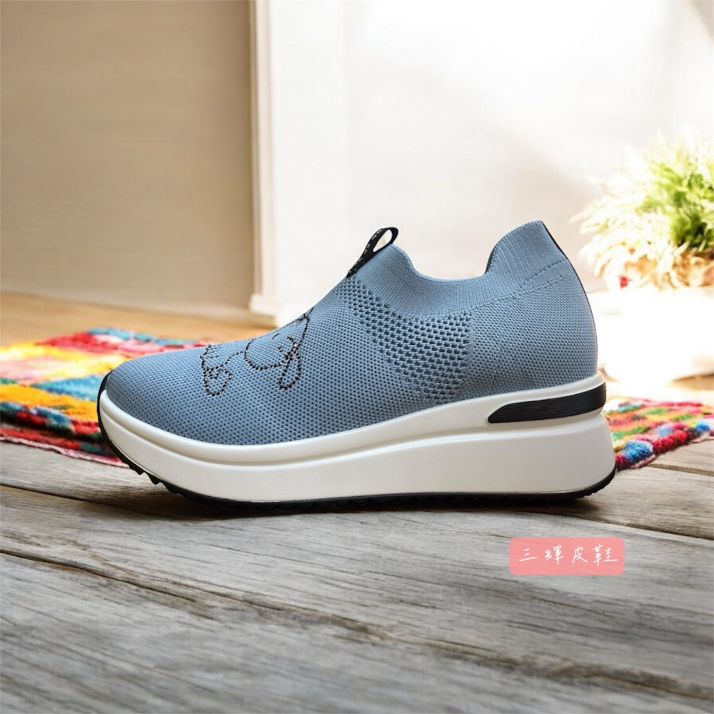 三輝皮鞋蠟筆小新小白 狗狗水鑽真皮內增高襪套式針織厚底休閒鞋 免綁帶超輕量透氣增高鞋彈性編織運動鞋 飛織網布懶人鞋-細節圖7