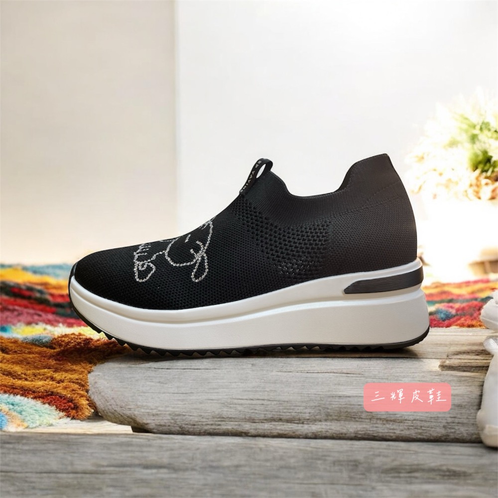 三輝皮鞋蠟筆小新小白 狗狗水鑽真皮內增高襪套式針織厚底休閒鞋 免綁帶超輕量透氣增高鞋彈性編織運動鞋 飛織網布懶人鞋-細節圖10