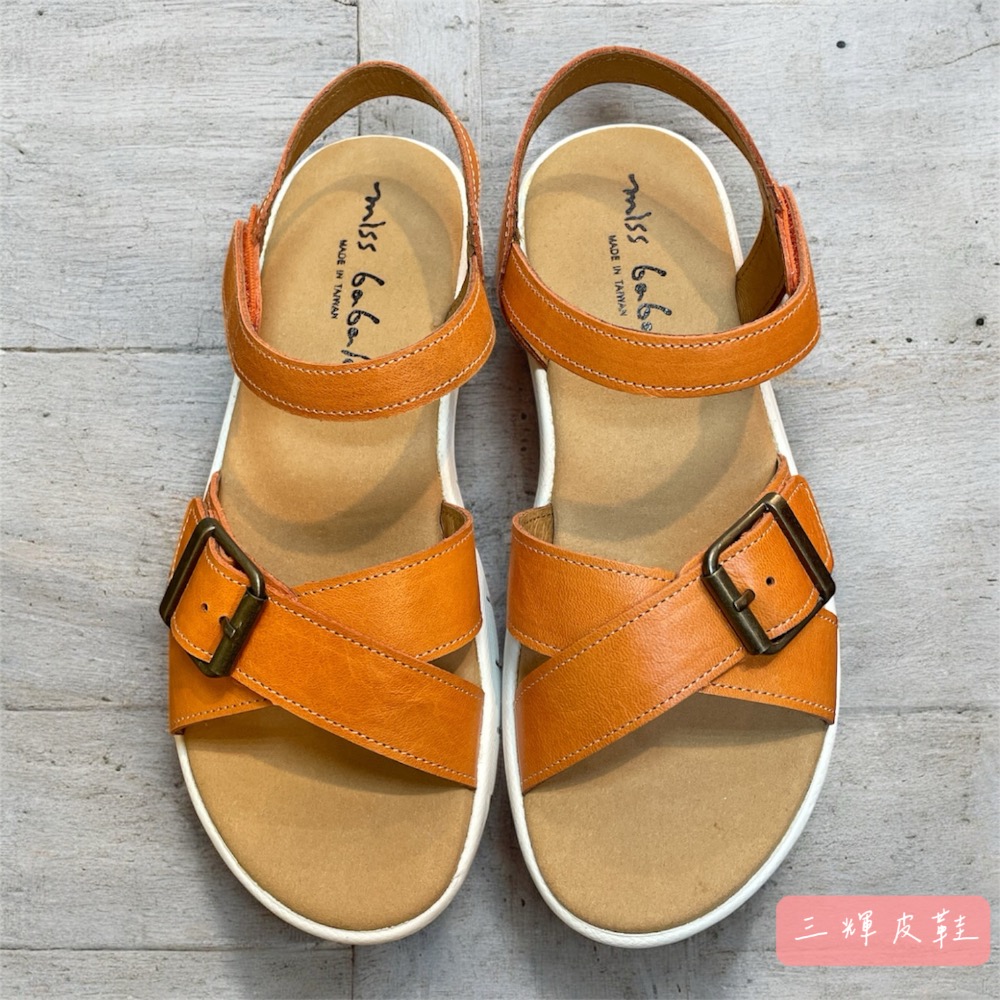 三輝皮鞋台灣製全真皮 小羊皮超輕量軟Q皮帶扣交叉魔鬼氈平底涼鞋 寬楦拇指外翻足弓支撐軟底牛皮女涼拖MIT手工鞋-細節圖2