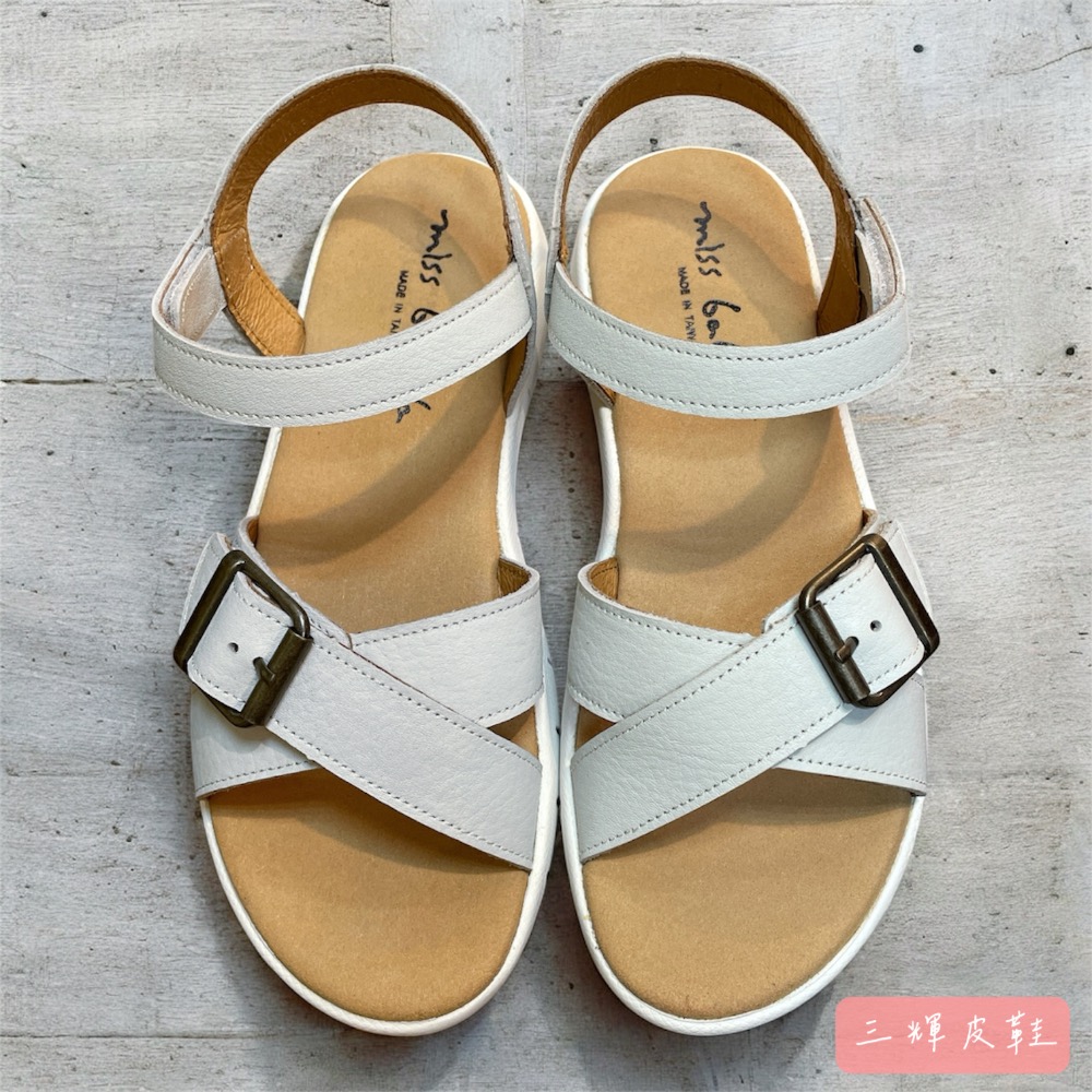 三輝皮鞋台灣製全真皮 小羊皮超輕量軟Q皮帶扣交叉魔鬼氈平底涼鞋 寬楦拇指外翻足弓支撐軟底牛皮女涼拖MIT手工鞋-細節圖3