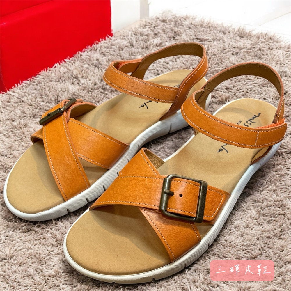 三輝皮鞋台灣製全真皮 小羊皮超輕量軟Q皮帶扣交叉魔鬼氈平底涼鞋 寬楦拇指外翻足弓支撐軟底牛皮女涼拖MIT手工鞋-細節圖4