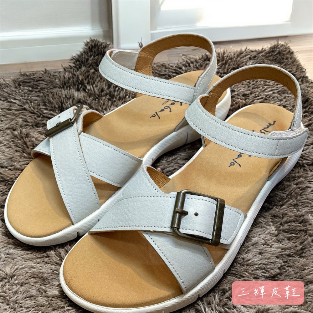 三輝皮鞋台灣製全真皮 小羊皮超輕量軟Q皮帶扣交叉魔鬼氈平底涼鞋 寬楦拇指外翻足弓支撐軟底牛皮女涼拖MIT手工鞋-細節圖5