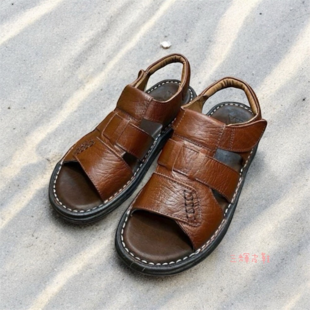 三輝皮鞋🇹🇼台灣製 牛皮涼鞋 氣墊涼鞋 真皮涼鞋 MIT 老師傅手工鞋 鞋底縫製 編織涼鞋 涼鞋男 男涼拖 父親節-細節圖2
