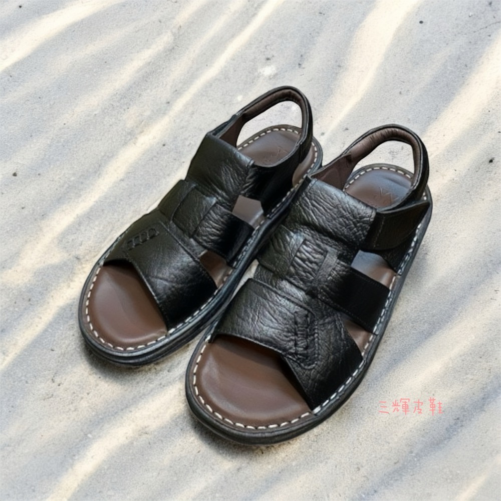 三輝皮鞋🇹🇼台灣製 牛皮涼鞋 氣墊涼鞋 真皮涼鞋 MIT 老師傅手工鞋 鞋底縫製 編織涼鞋 涼鞋男 男涼拖 父親節-細節圖3
