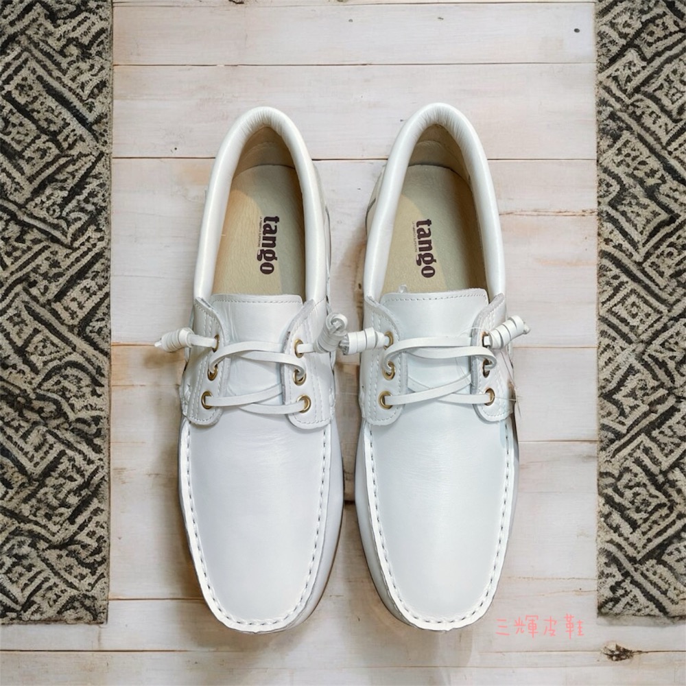 三輝皮鞋台灣製全真皮 牛皮免綁帶鞋底縫製經典雷根鞋 輕量化油蠟手工縫線款軟底休閒鞋帆船鞋 深咖啡/焦糖棕/白 現貨加預購-細節圖2