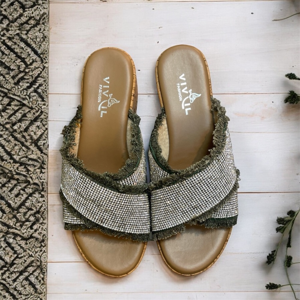 三輝皮鞋台灣製 真皮燙鑽流蘇交叉軟木高台楔型跟拖鞋 水鑽牛仔綠色厚底拖鞋 MIT女涼拖 高跟涼鞋高跟拖鞋增高鞋小尺碼-細節圖2