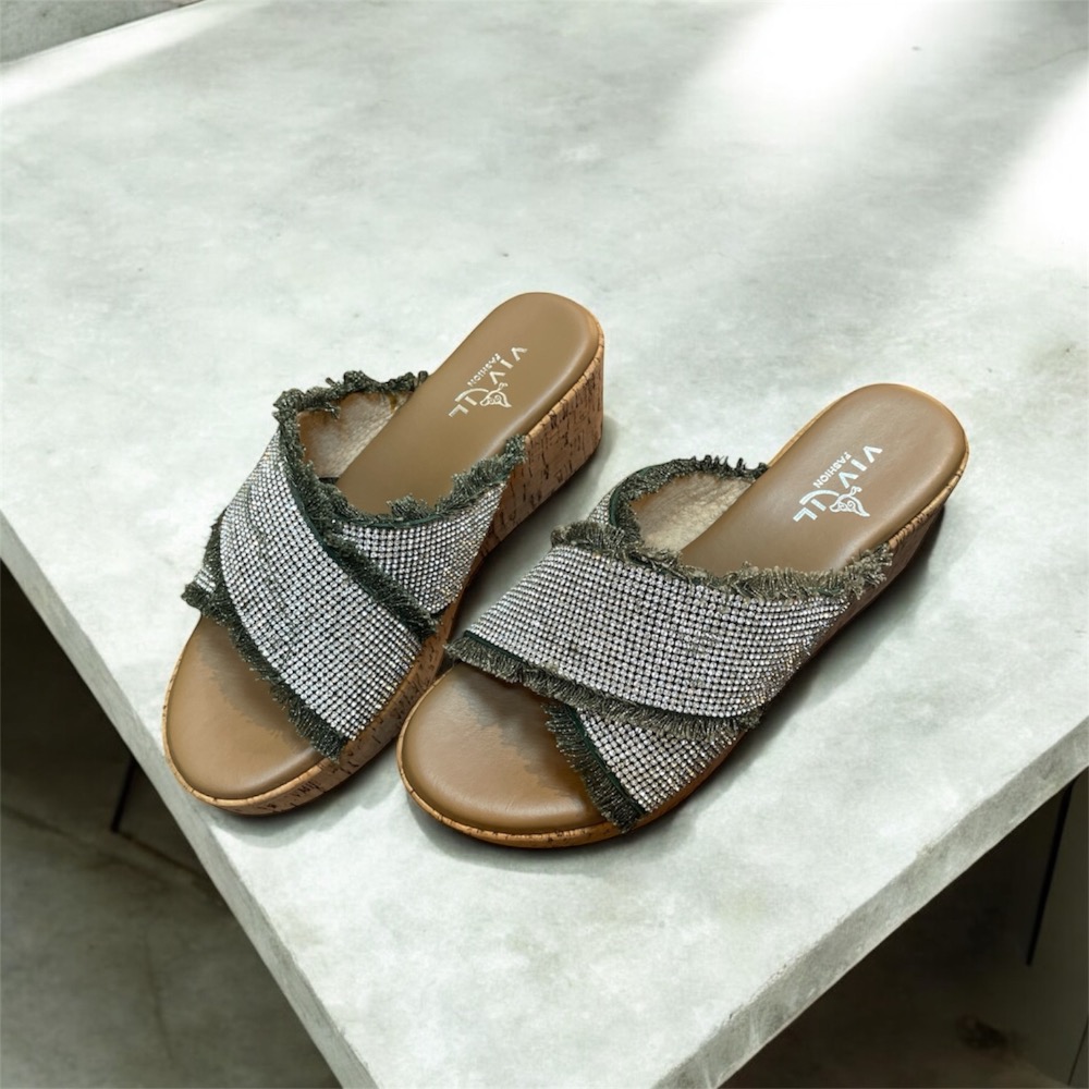 三輝皮鞋台灣製 真皮燙鑽流蘇交叉軟木高台楔型跟拖鞋 水鑽牛仔綠色厚底拖鞋 MIT女涼拖 高跟涼鞋高跟拖鞋增高鞋小尺碼-細節圖3