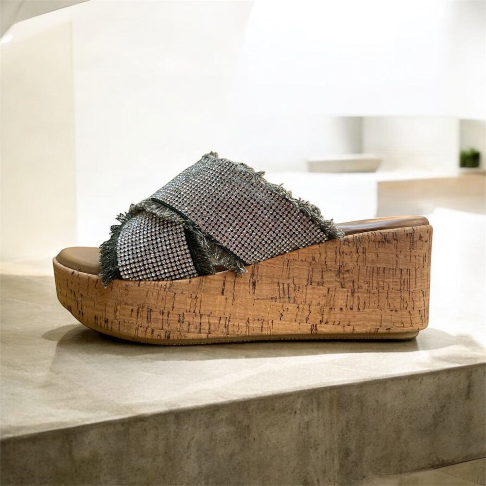 三輝皮鞋台灣製 真皮燙鑽流蘇交叉軟木高台楔型跟拖鞋 水鑽牛仔綠色厚底拖鞋 MIT女涼拖 高跟涼鞋高跟拖鞋增高鞋小尺碼-細節圖4