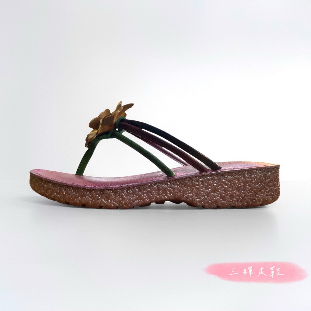 三輝皮鞋🇹🇼台灣製全真皮 牛皮立體雕花文創手工細帶夾腳平底拖鞋 MIT手作鞋 老師傅鞋底縫製防滑生膠鞋底女厚底拖鞋-細節圖5